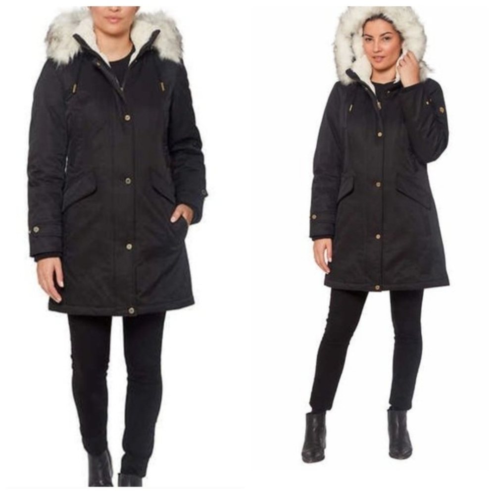 1 Madison Expedition Heritage Parka Coat‎ L Black Faux Fur Hood Sherpa Lined